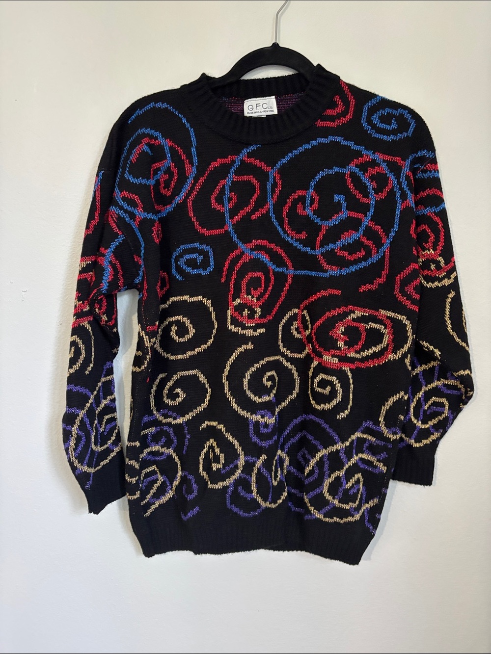 Vintage 80 Black Multicolor Swirl Knit Sweater Made in USA
